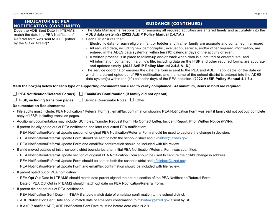 Form GCI-1138A Child File Review Form: Indicator 8b Pea Notification (Guidance) - Arizona, Page 4