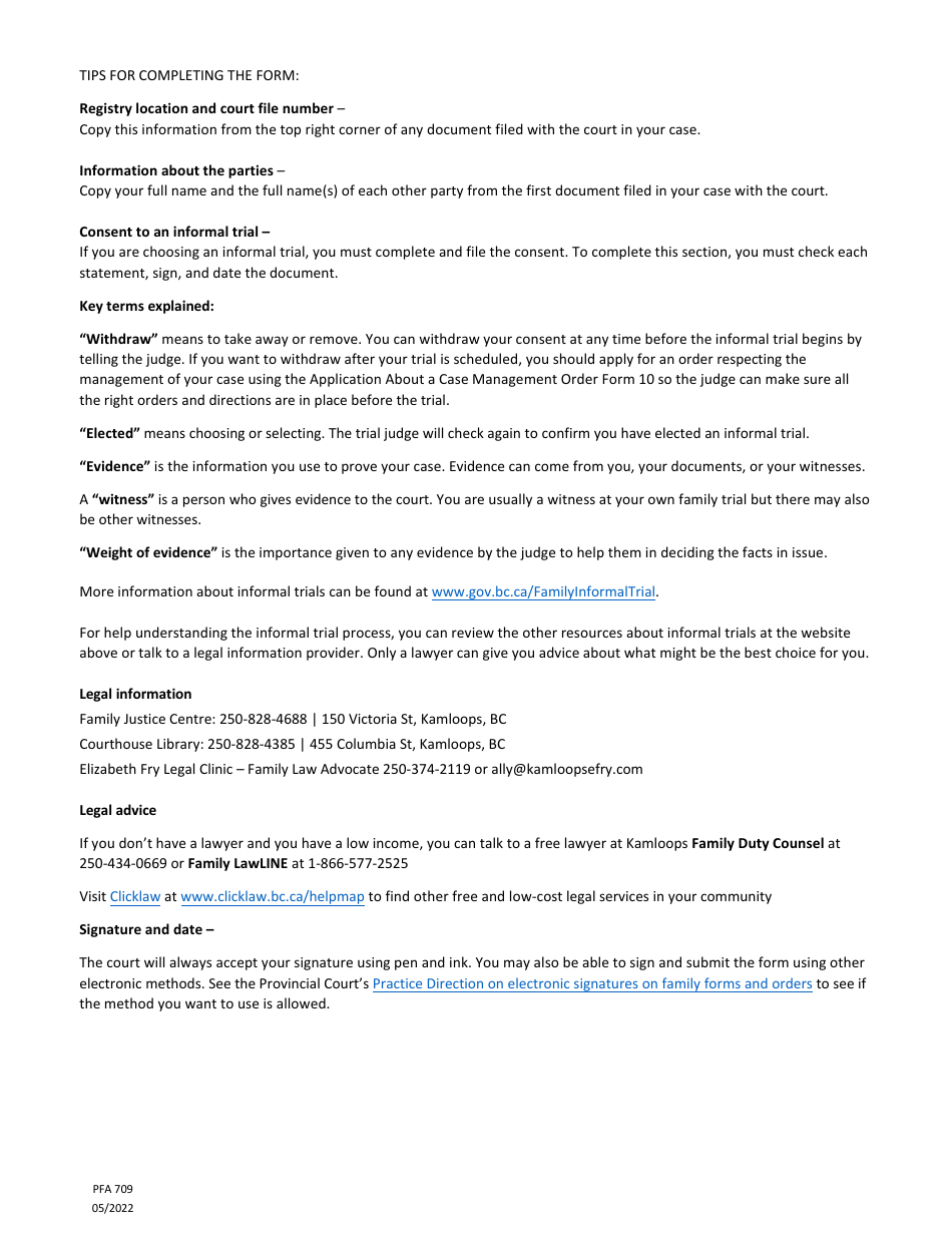 Form PFA709 Consent to an Informal Trial - British Columbia, Canada, Page 3
