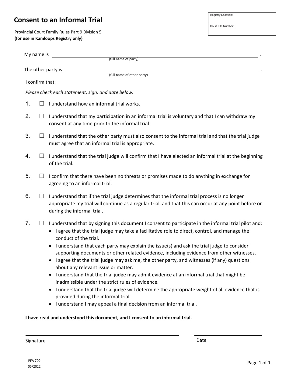 Form PFA709 Consent to an Informal Trial - British Columbia, Canada, Page 4