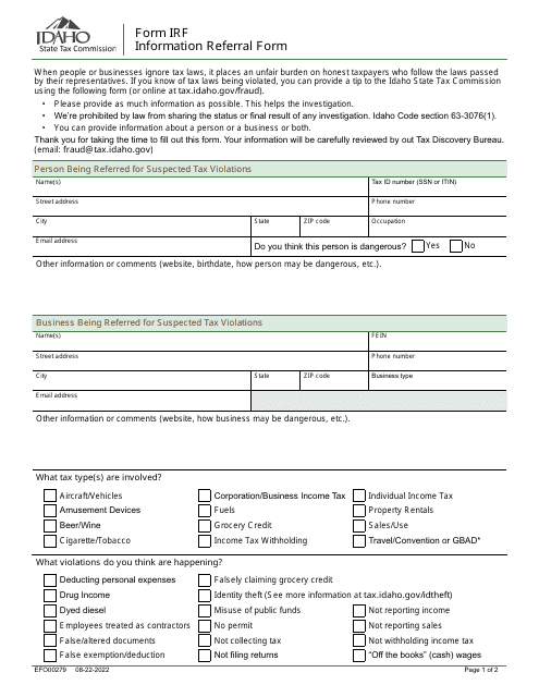 Form IRF (EFO00279) Information Referral Form - Idaho