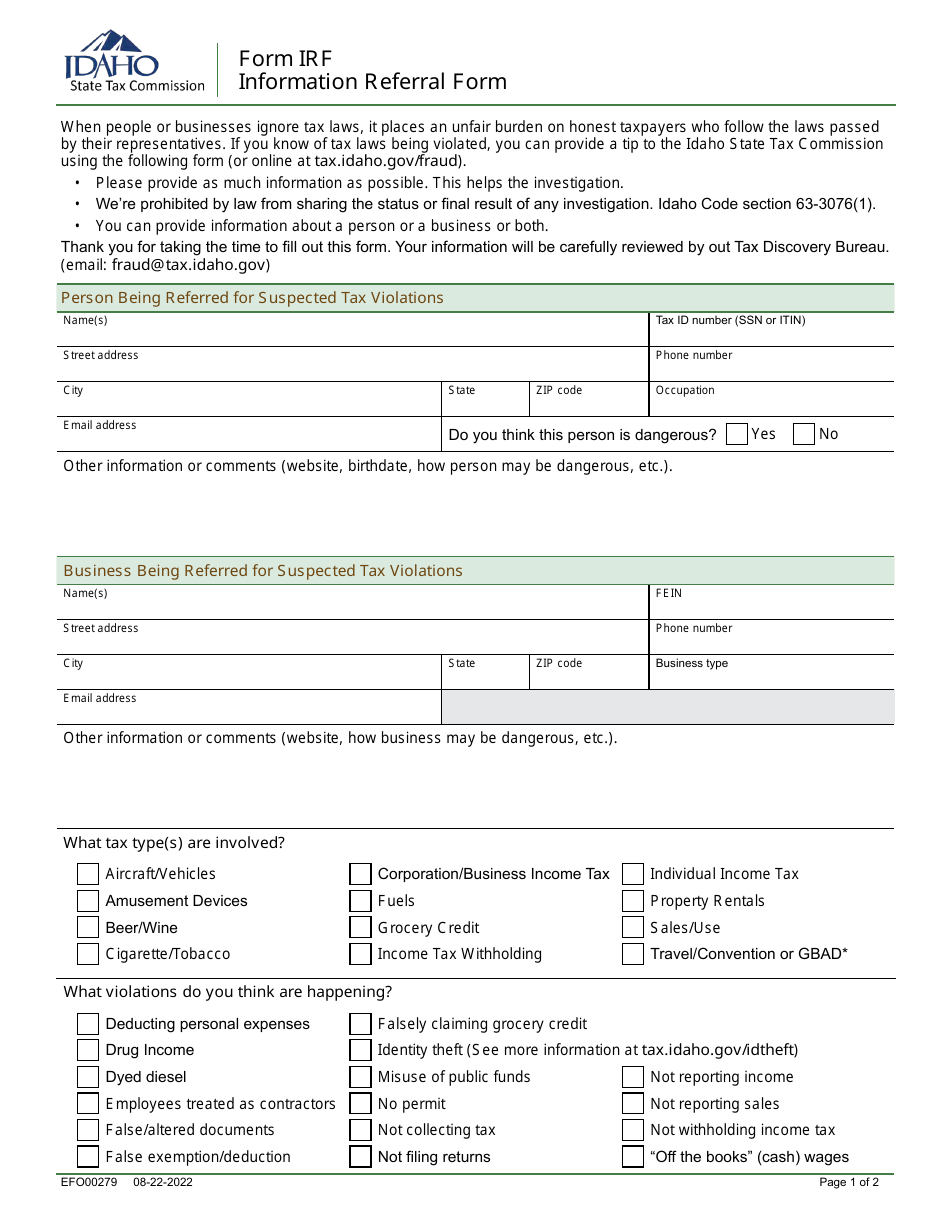 Form IRF (EFO00279) Information Referral Form - Idaho, Page 1