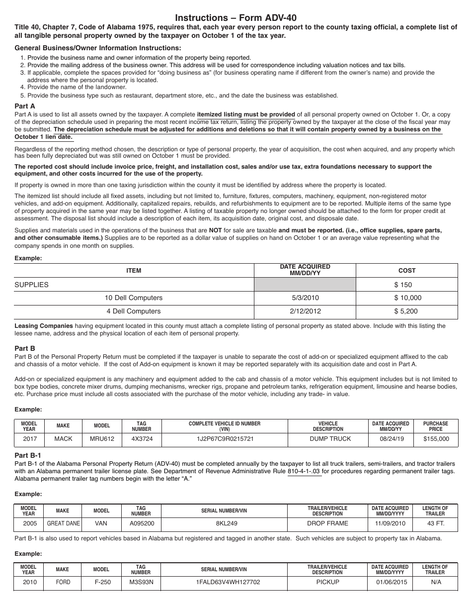 Download Instructions for Form ADV40 Business Personal Property Return