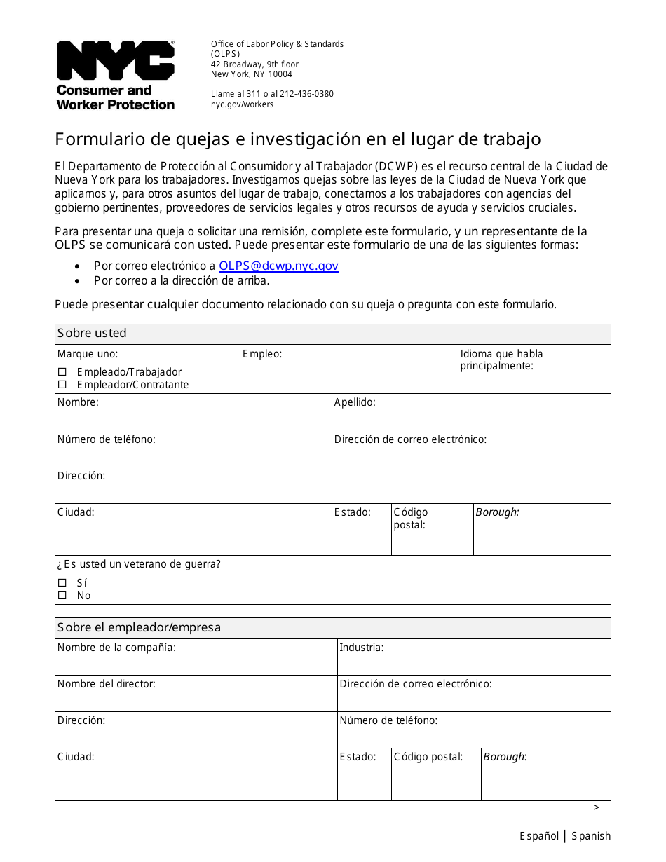 Formulario De Quejas E Investigacion En El Lugar De Trabajo - New York City (Spanish), Page 1