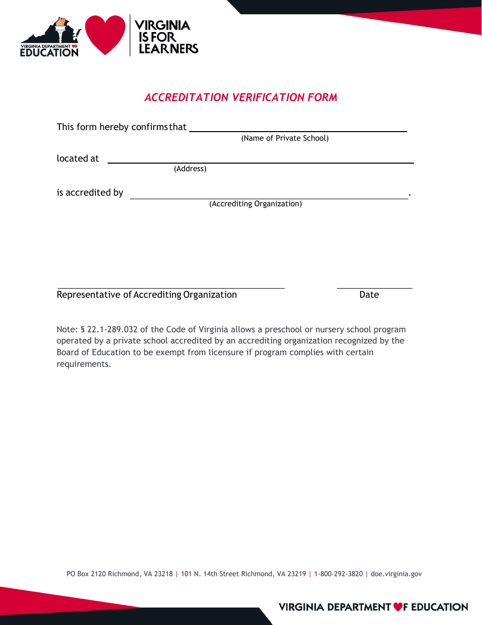 Accreditation Verification Form - Virginia, Page 1