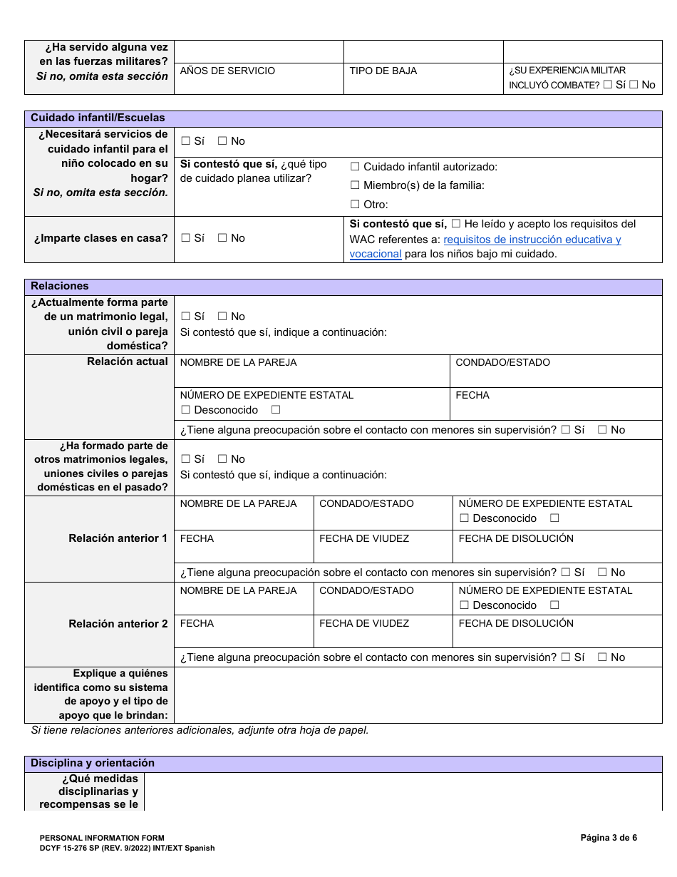 DCYF Formulario 15-276 Formulario De Informacion Personal - Washington (Spanish), Page 3