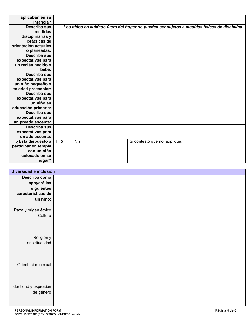 DCYF Formulario 15-276 Formulario De Informacion Personal - Washington (Spanish), Page 4