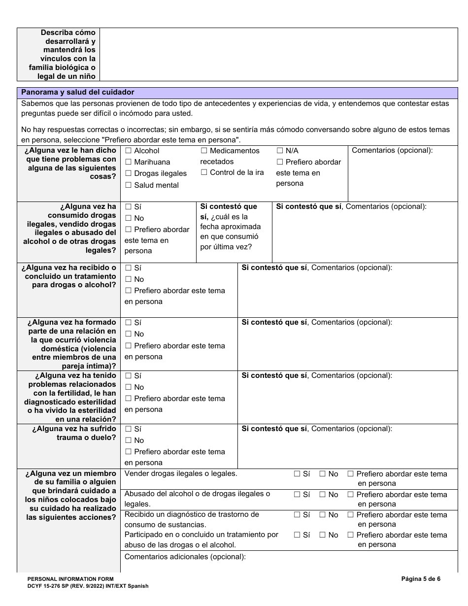 DCYF Formulario 15-276 Formulario De Informacion Personal - Washington (Spanish), Page 5