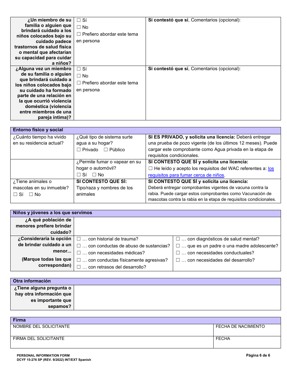 DCYF Formulario 15-276 Formulario De Informacion Personal - Washington (Spanish), Page 6