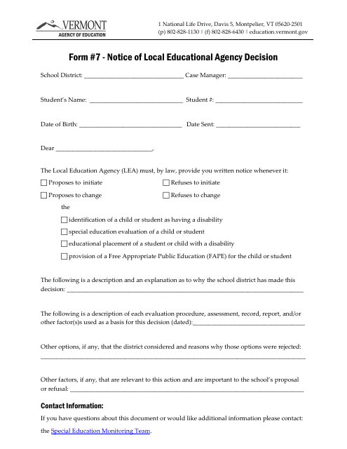 Form 7 Notice of Local Educational Agency Decision - Vermont
