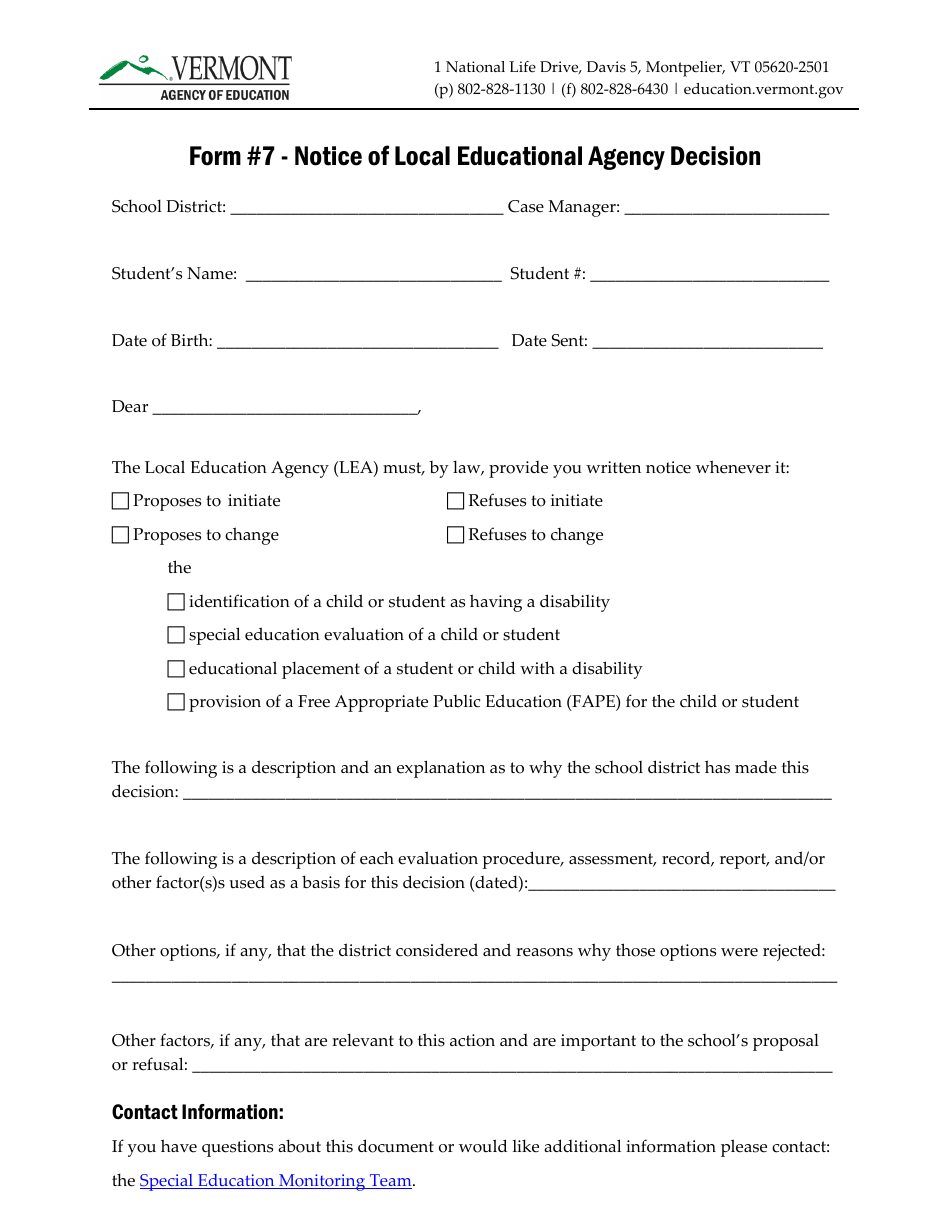 Form 7 Notice of Local Educational Agency Decision - Vermont, Page 1