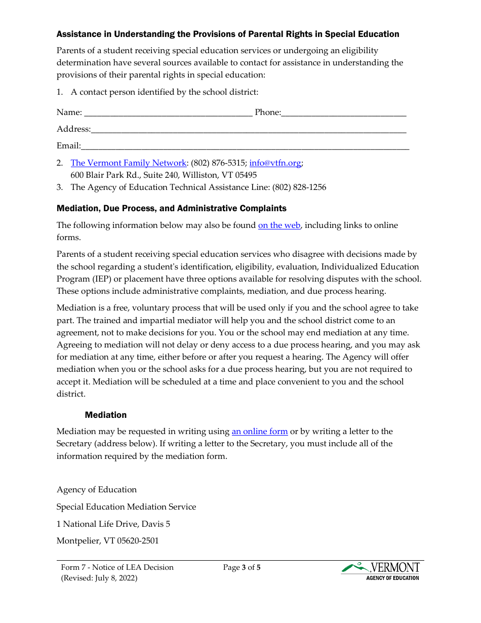 Form 7 Notice of Local Educational Agency Decision - Vermont, Page 3