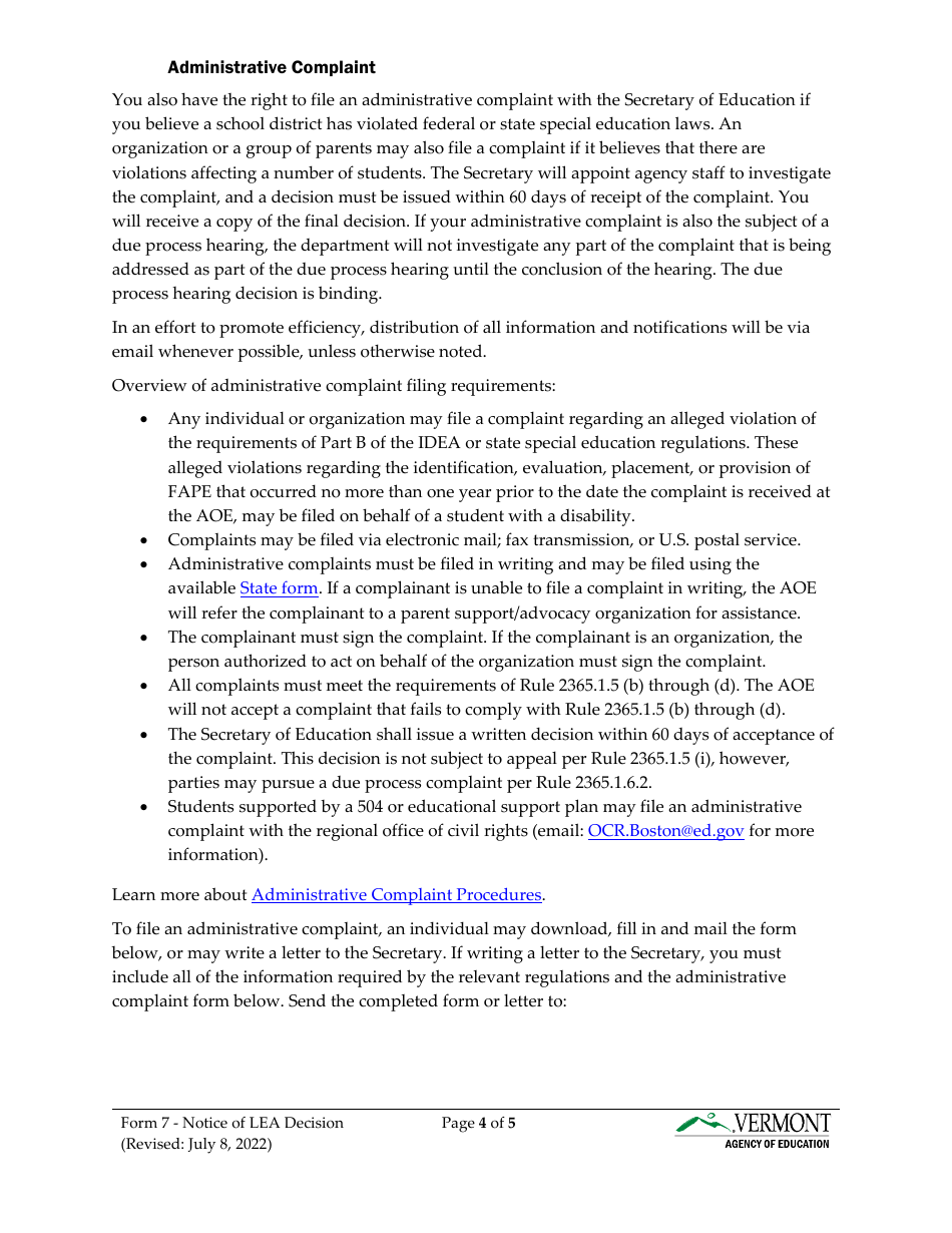 Form 7 Notice of Local Educational Agency Decision - Vermont, Page 4