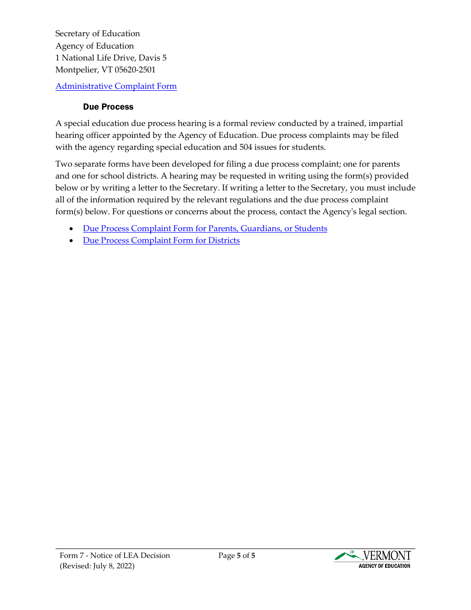 Form 7 Notice of Local Educational Agency Decision - Vermont, Page 5