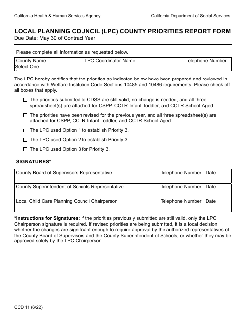 Form CCD11 Local Planning Council (Lpc) County Priorities Report Form - California