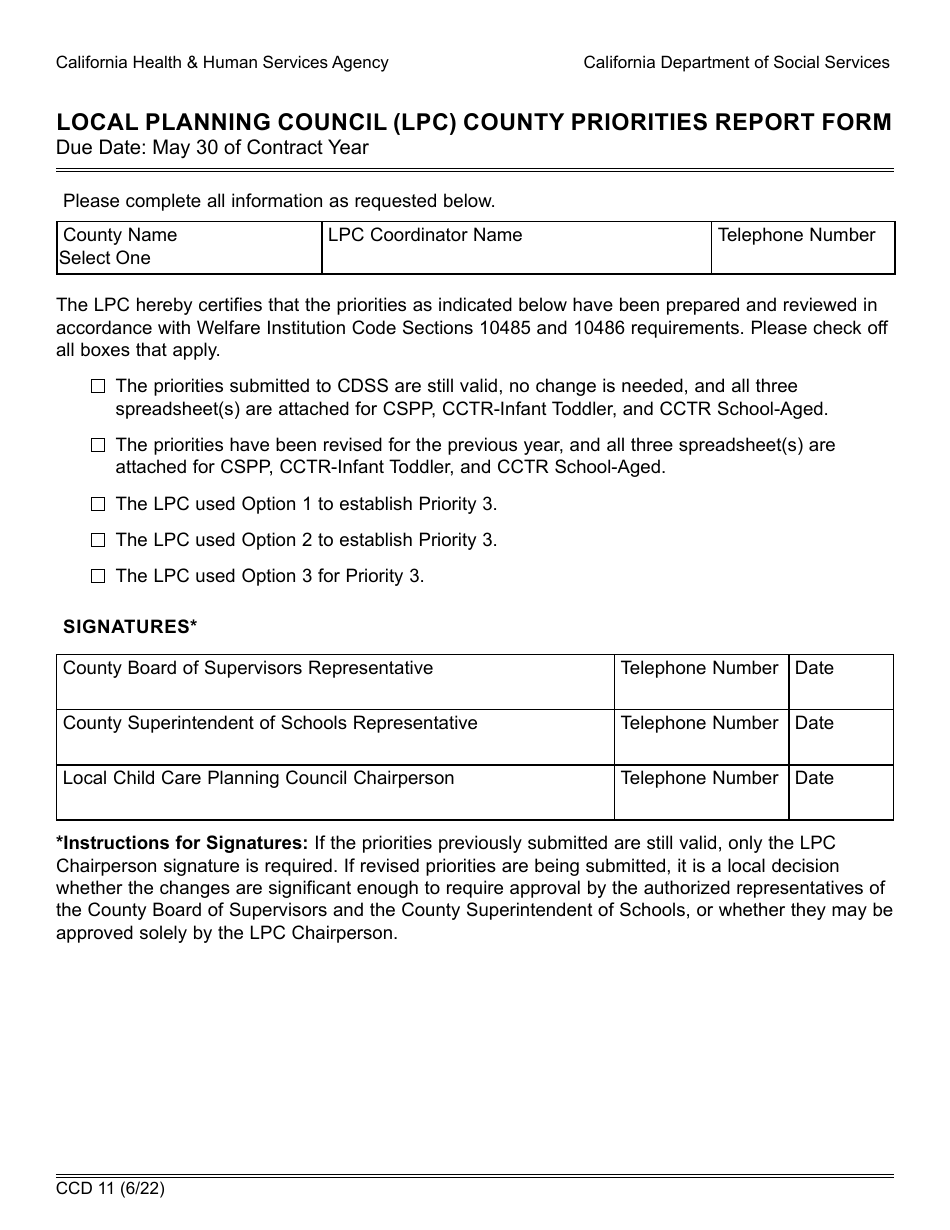 Form CCD11 Local Planning Council (Lpc) County Priorities Report Form - California, Page 1