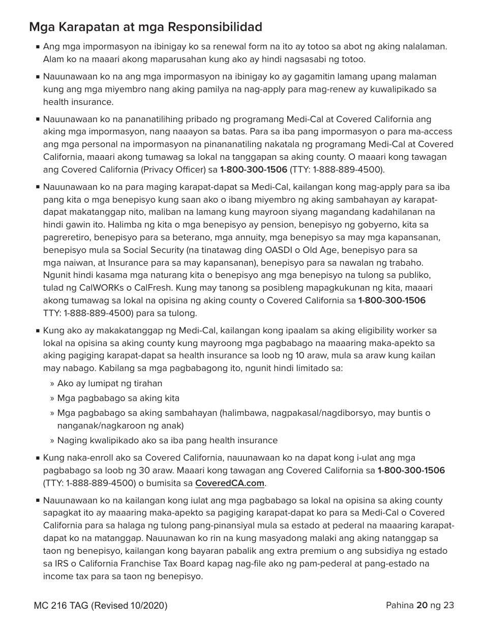 Form MC216 Medi-Cal Renewal Form - California (Tagalog), Page 20