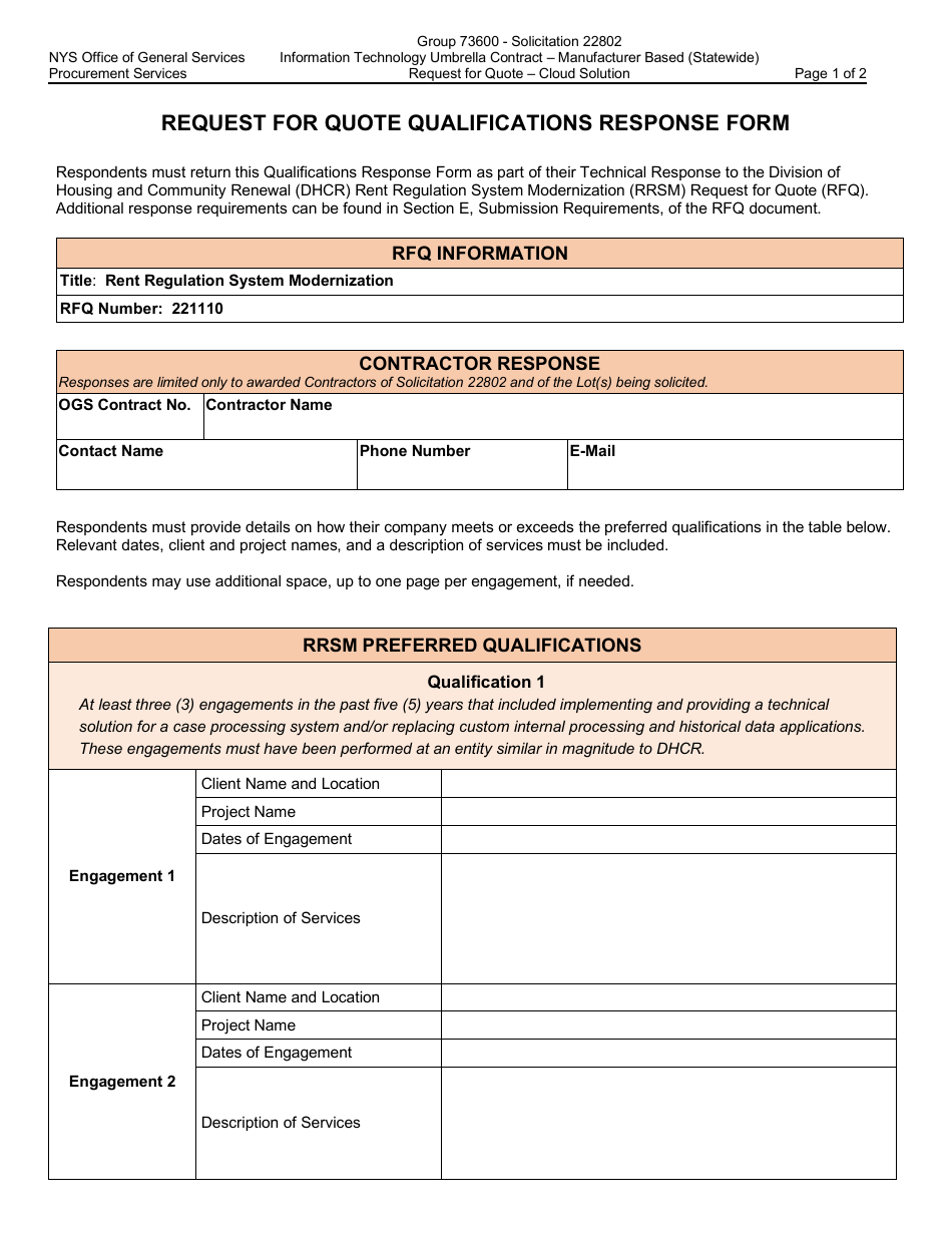 Request for Quote Qualifications Response Form - New York, Page 1