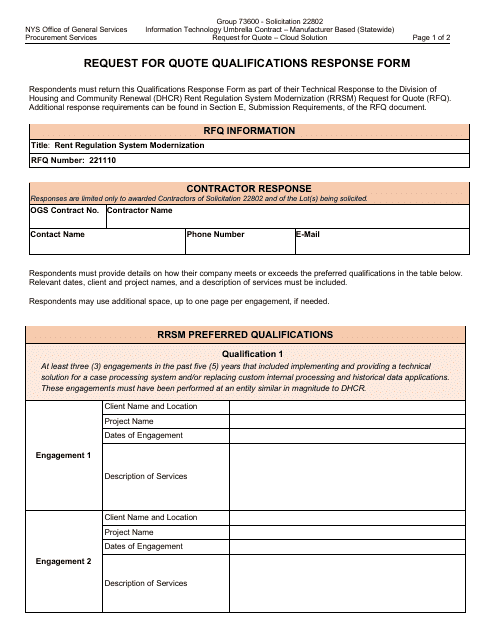 Request for Quote Qualifications Response Form - New York Download Pdf