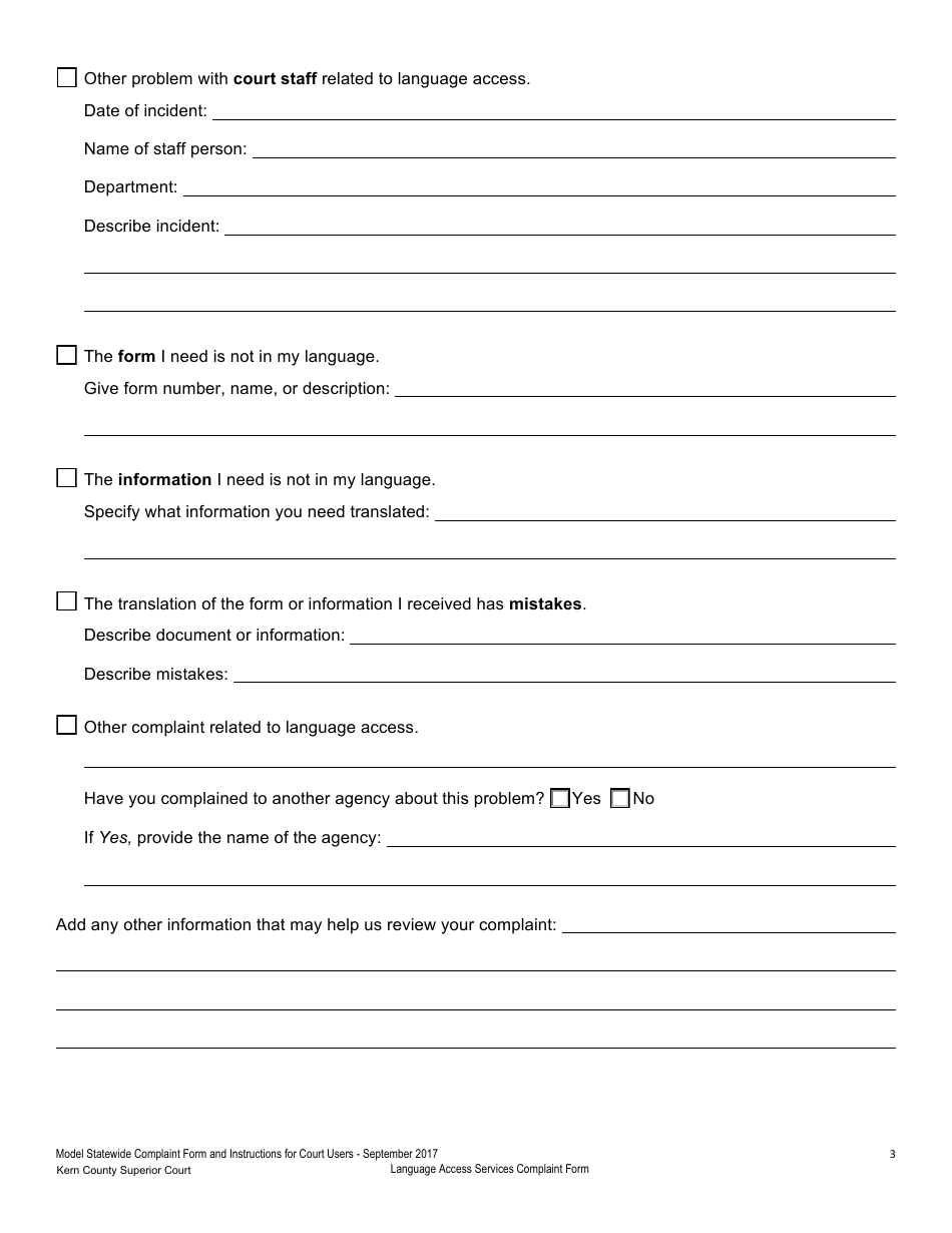Language Access Services Complaint Form - County of Kern, California, Page 3