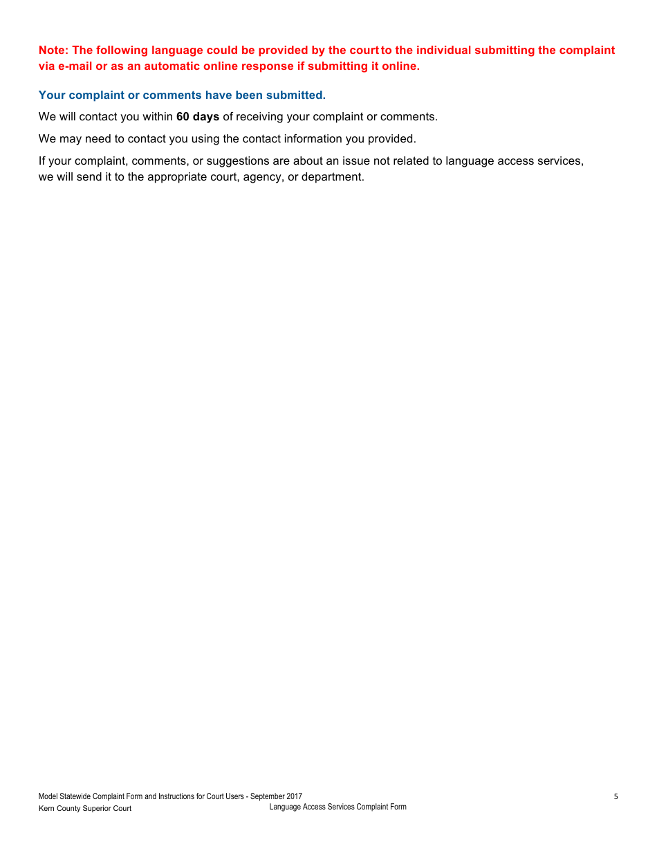 Language Access Services Complaint Form - County of Kern, California, Page 5