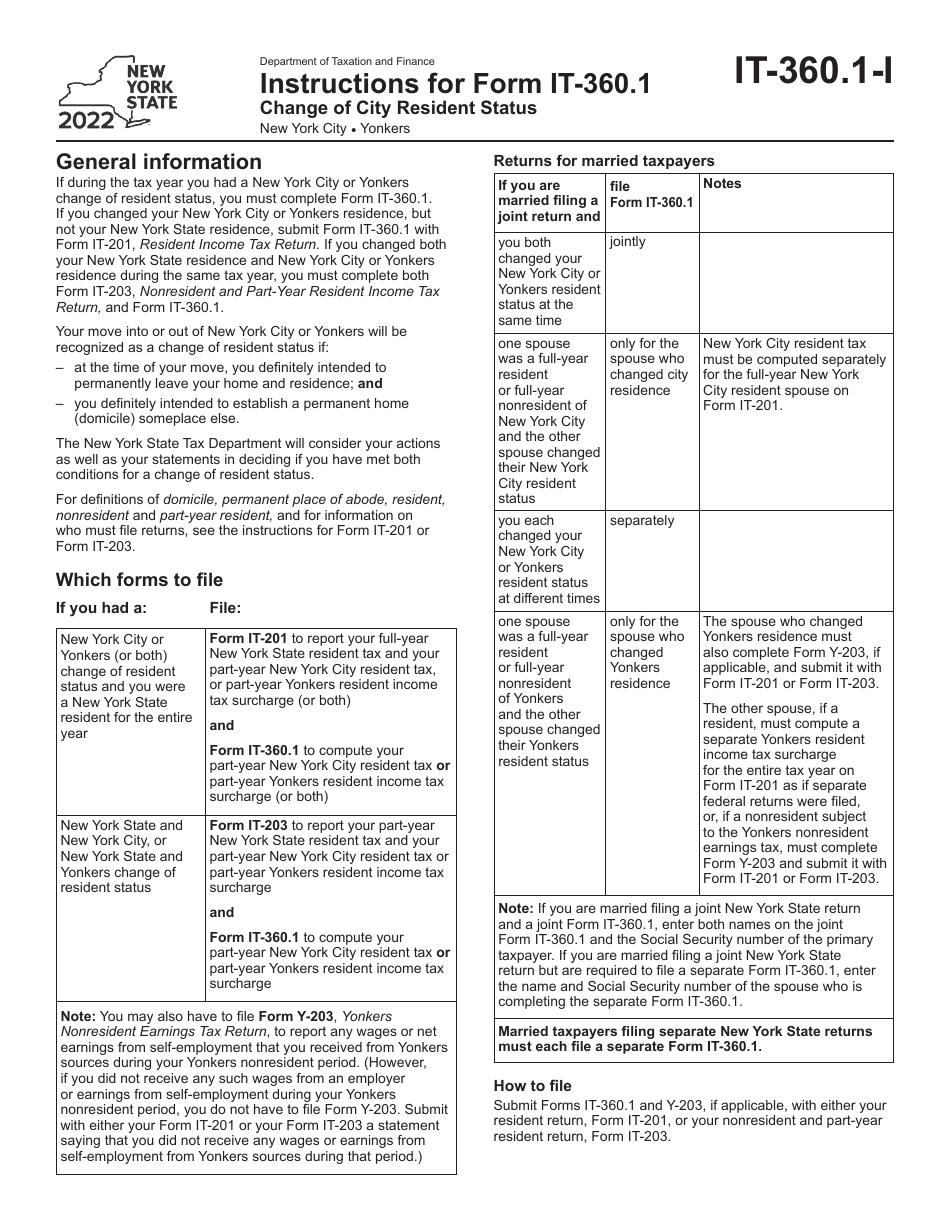 Instructions for Form IT-360.1 Change of City Resident Status - New York, Page 1