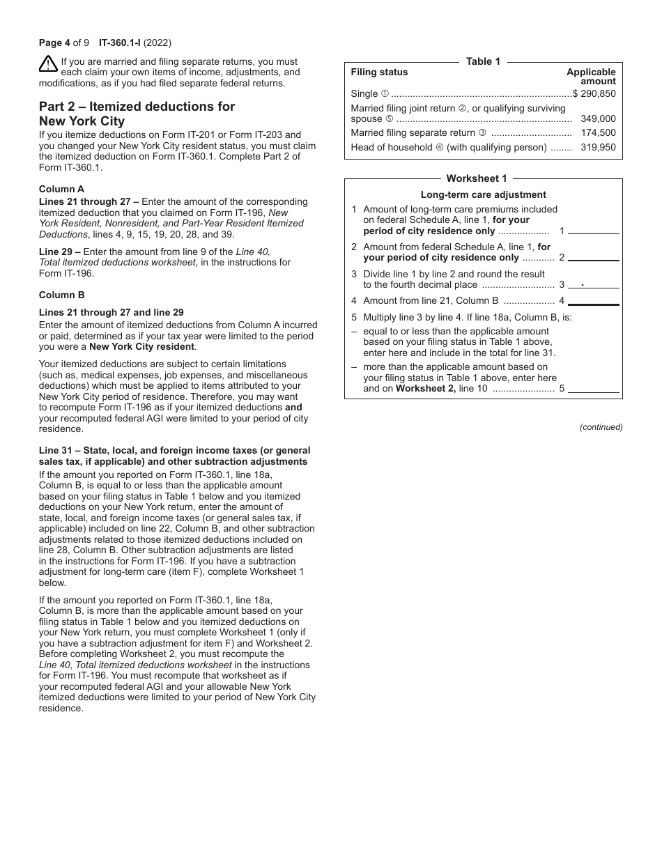 Instructions for Form IT-360.1 Change of City Resident Status - New York, Page 4