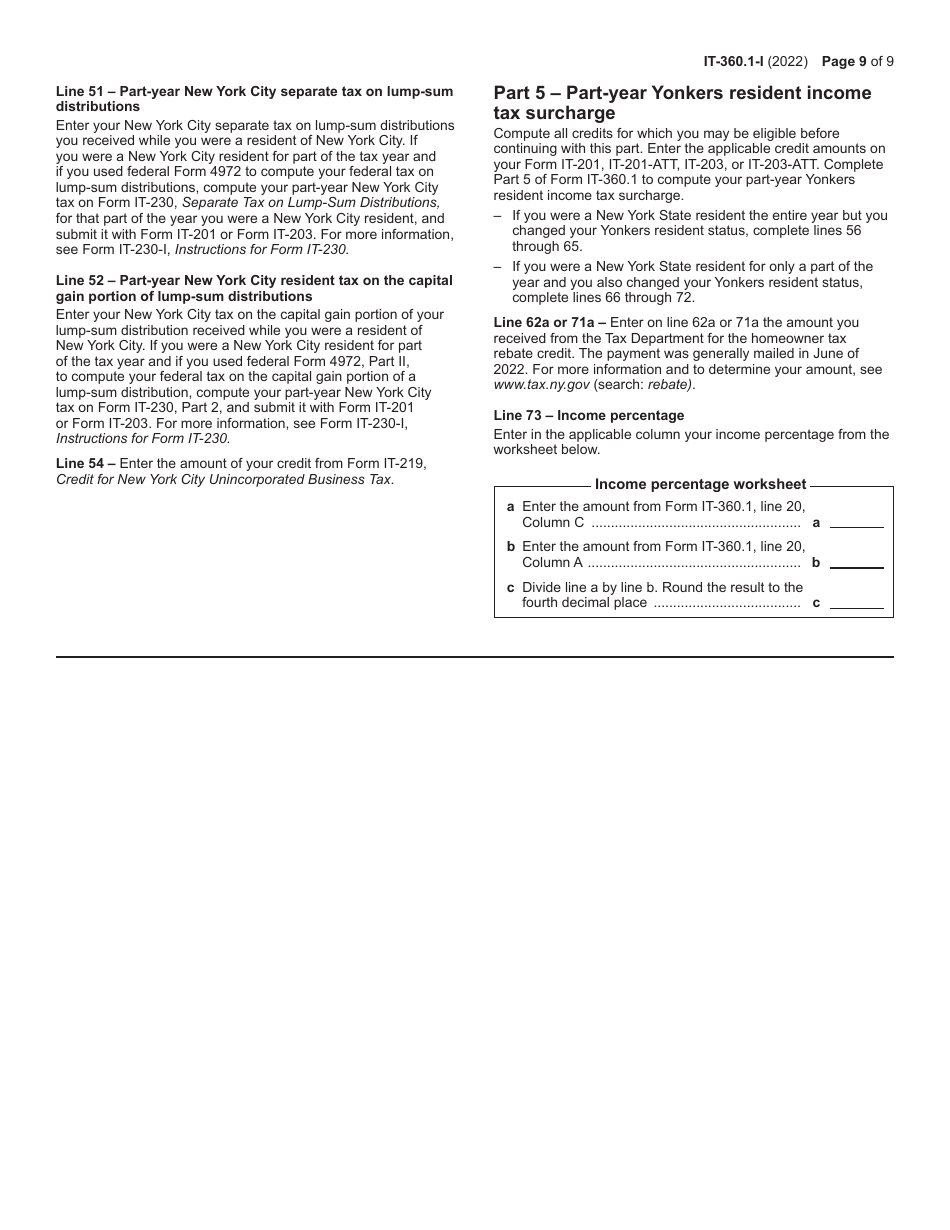 Instructions for Form IT-360.1 Change of City Resident Status - New York, Page 9