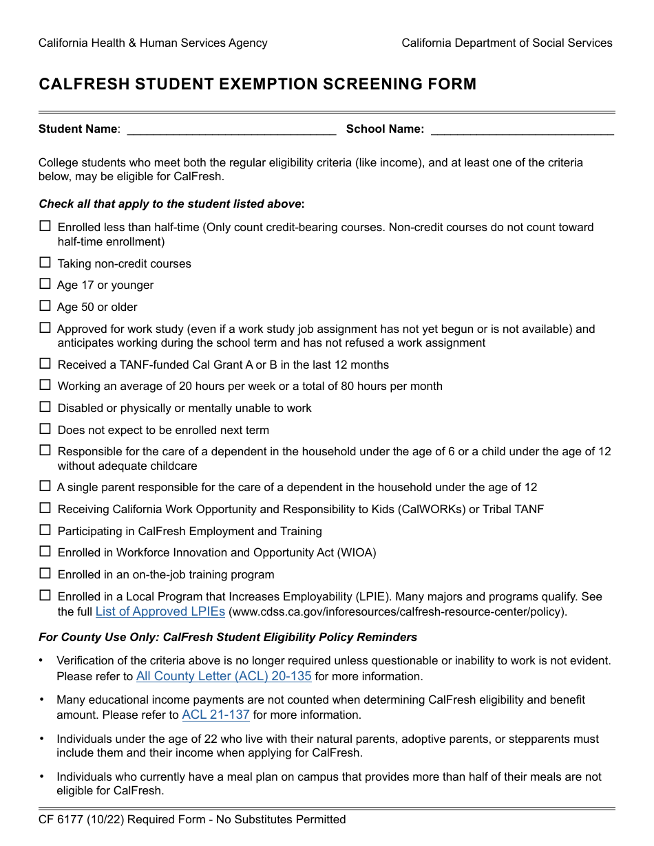 Form CF6177 CalFresh Student Exemption Screening Form - California, Page 1