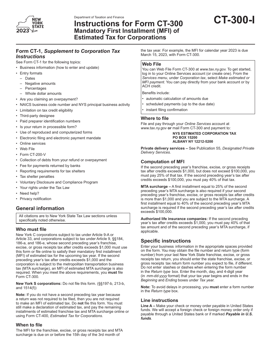 Instructions for Form CT-300 Mandatory First Installment (Mfi) of Estimated Tax for Corporations - New York, Page 1