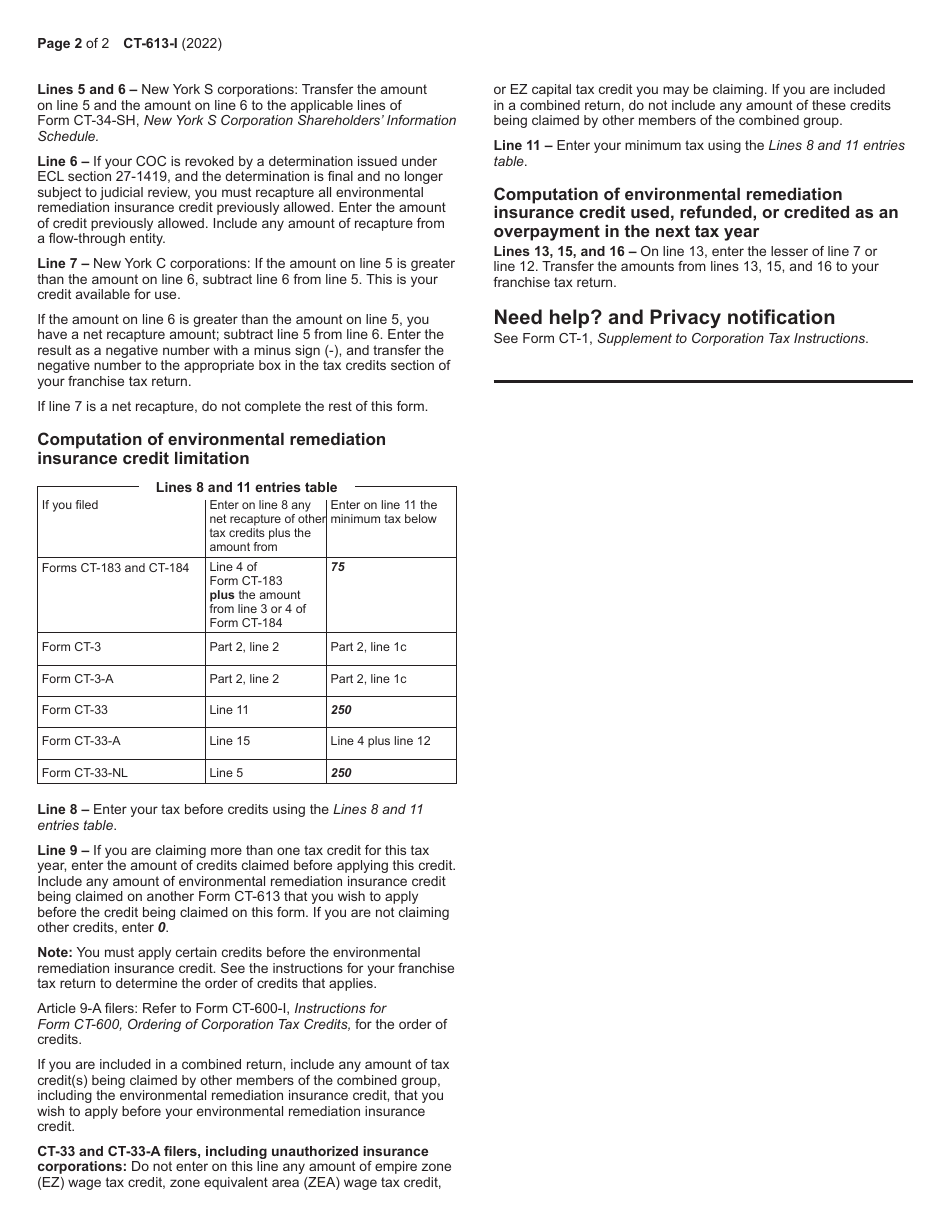 Instructions for Form CT-613 Claim for Environmental Remediation Insurance Credit - New York, Page 2