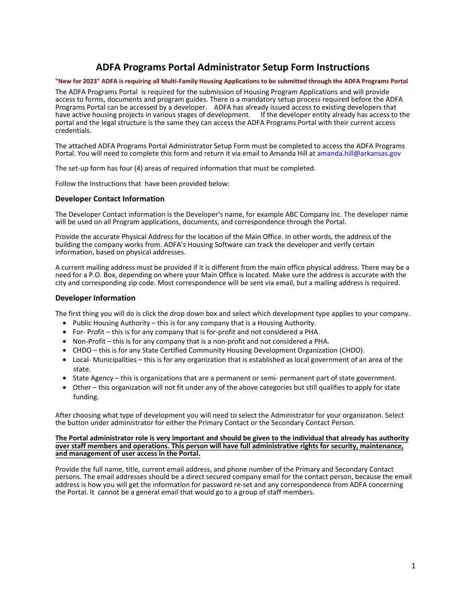 Adfa Programs Portal Administrator Setup Form - Arkansas, Page 1