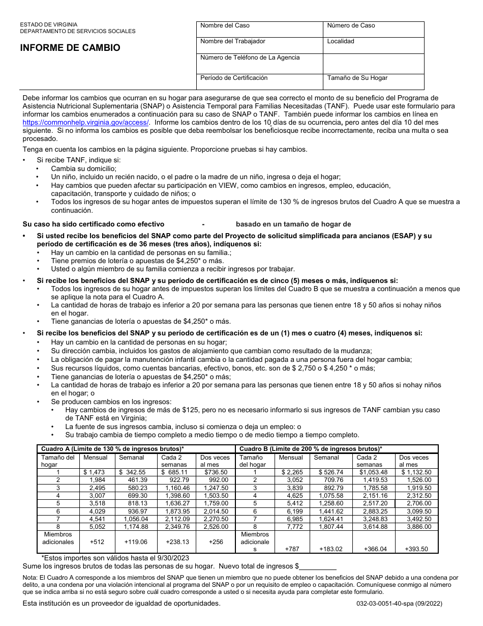 Formulario 032-03-0051-40-SPA Informe De Cambio - Virginia (Spanish), Page 1