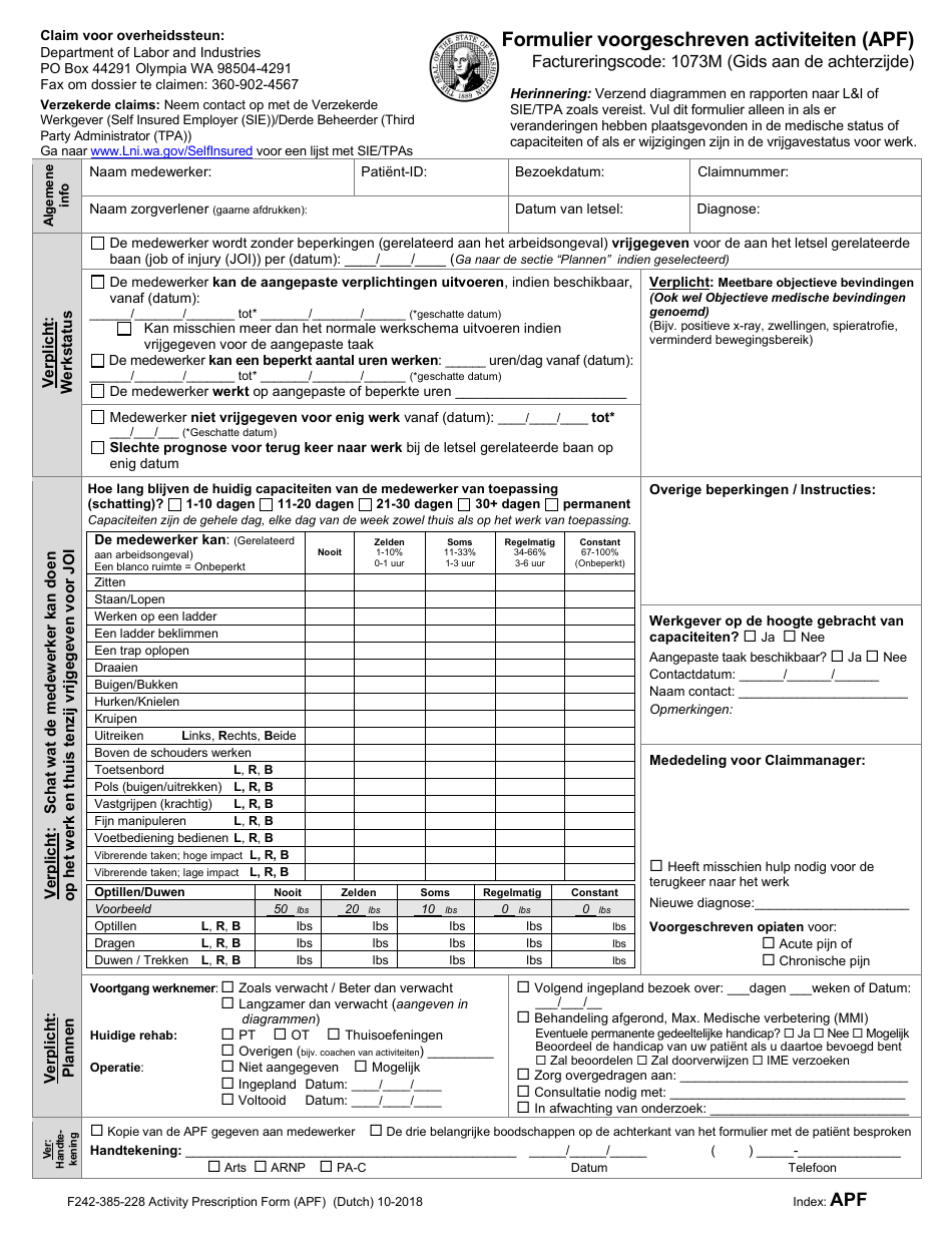 Form F242-385-228 Activity Prescription Form (Apf) - Washington (Dutch), Page 1