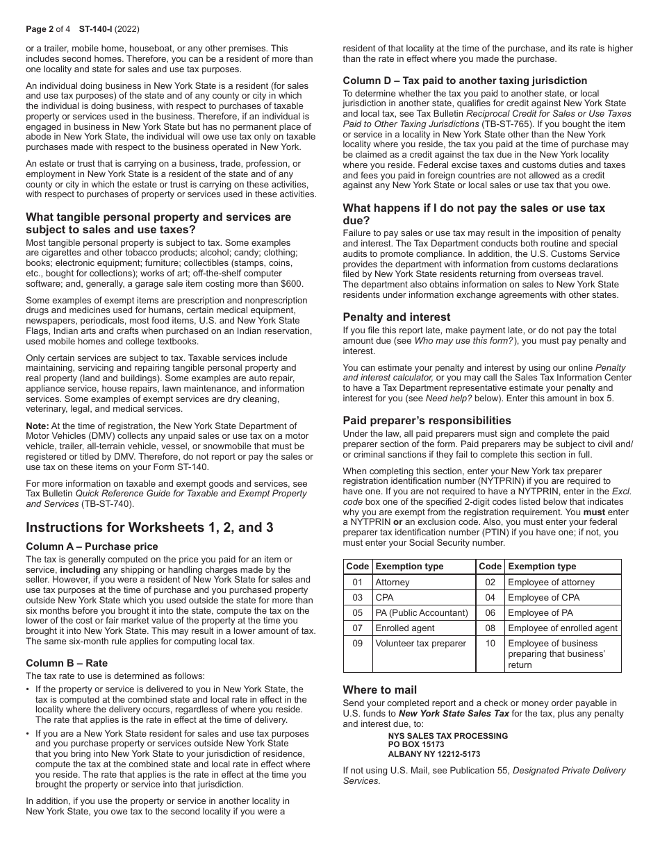 Download Instructions for Form ST-140 Individual Purchaser's Annual ...