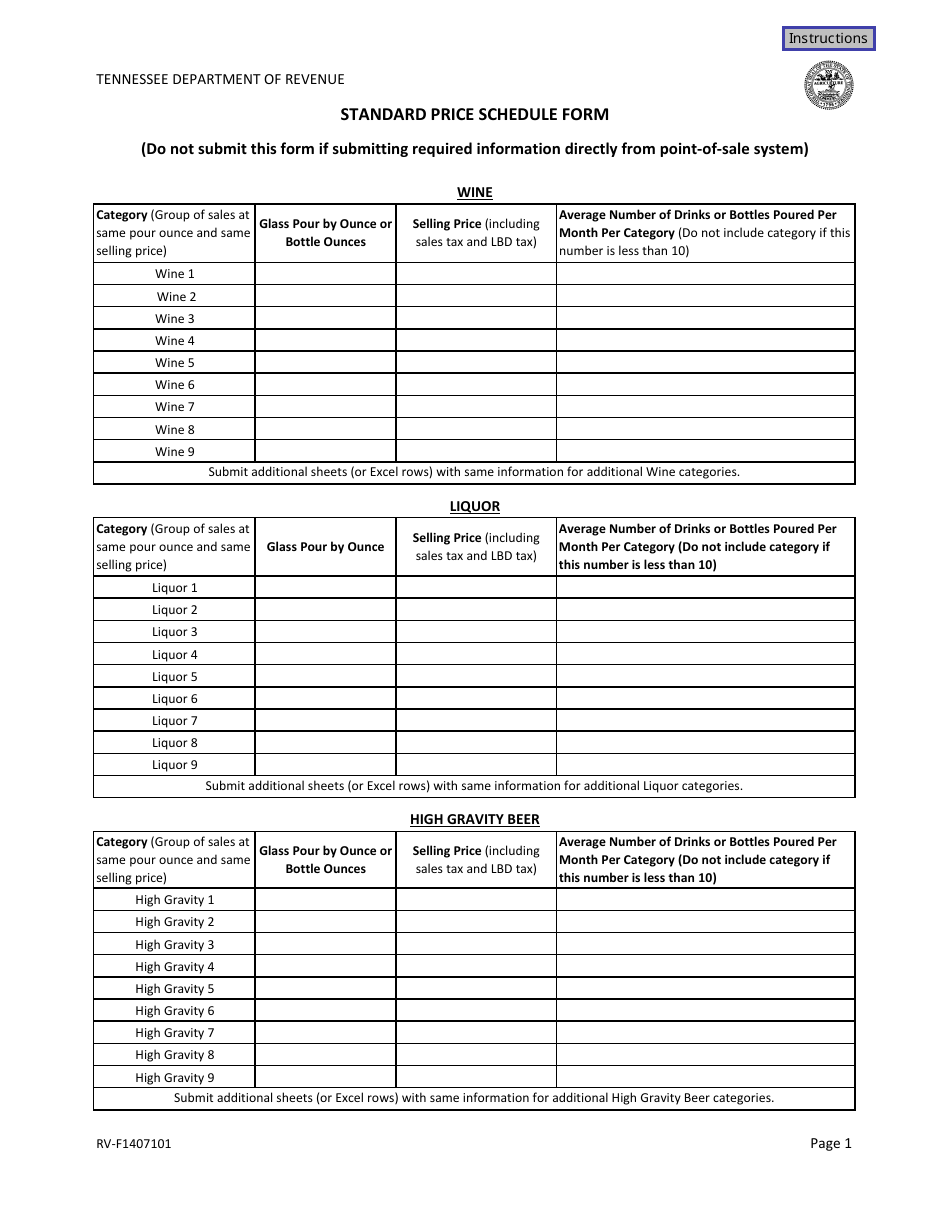 Form RV-F1407101 Standard Price Schedule Form - Tennessee, Page 1