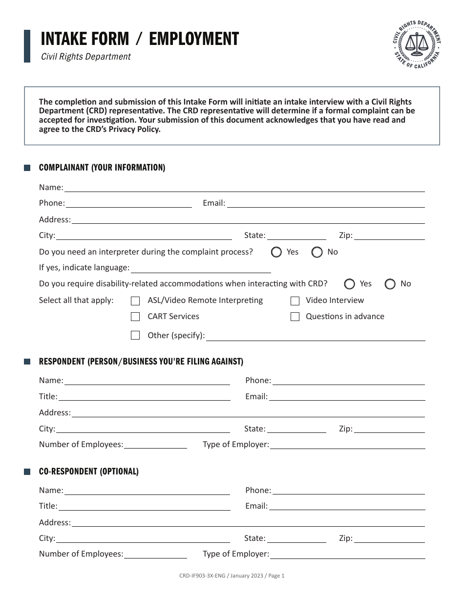 Form CRD-IF903-3X-ENG Intake Form - Employment - California, Page 1