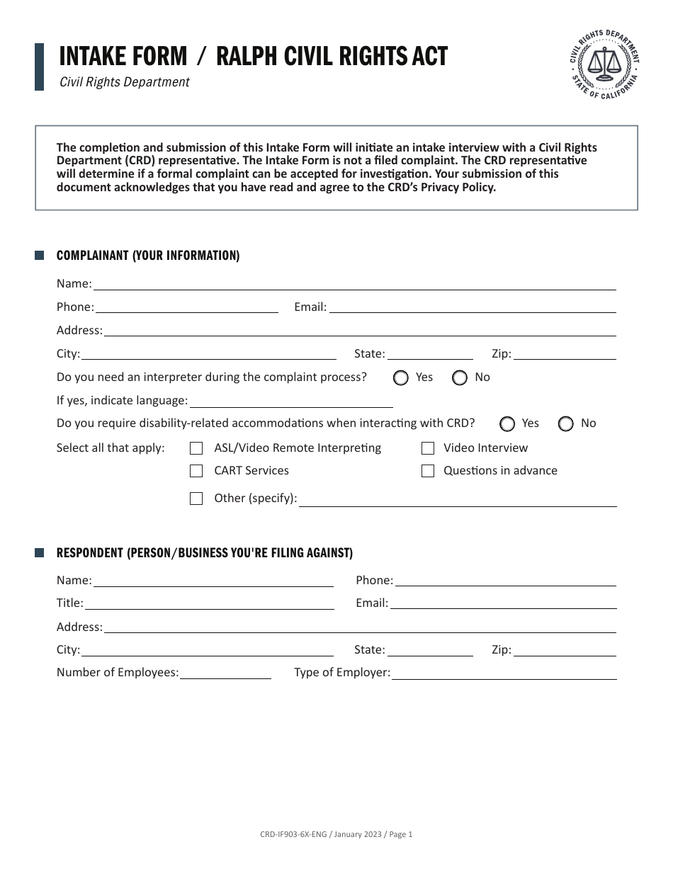 Form CRD-IF903-6X-ENG Intake Form - Ralph Civil Rights Act - California, Page 1