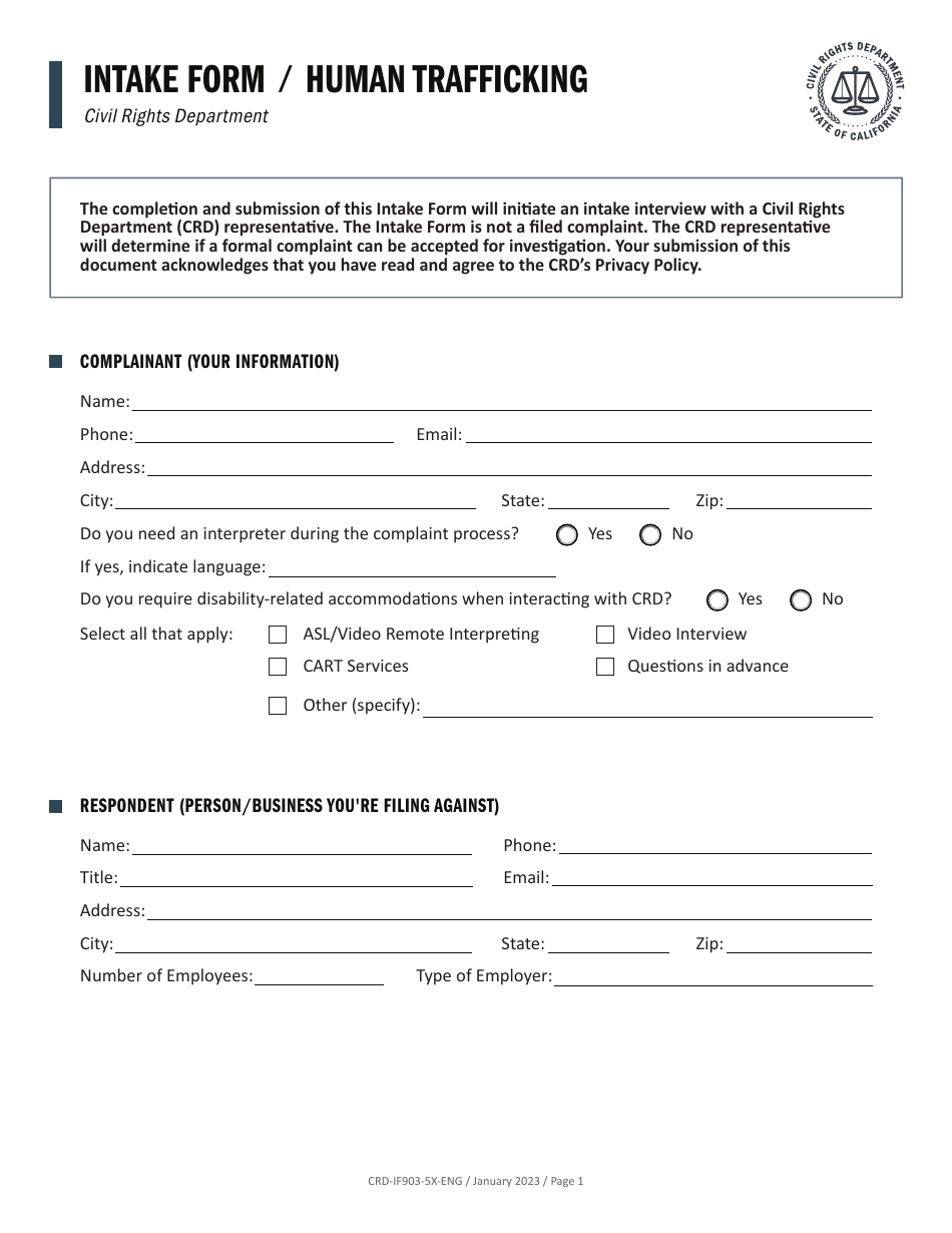 Form CRD-IF903-5X-ENG Intake Form - Human Trafficking - California, Page 1