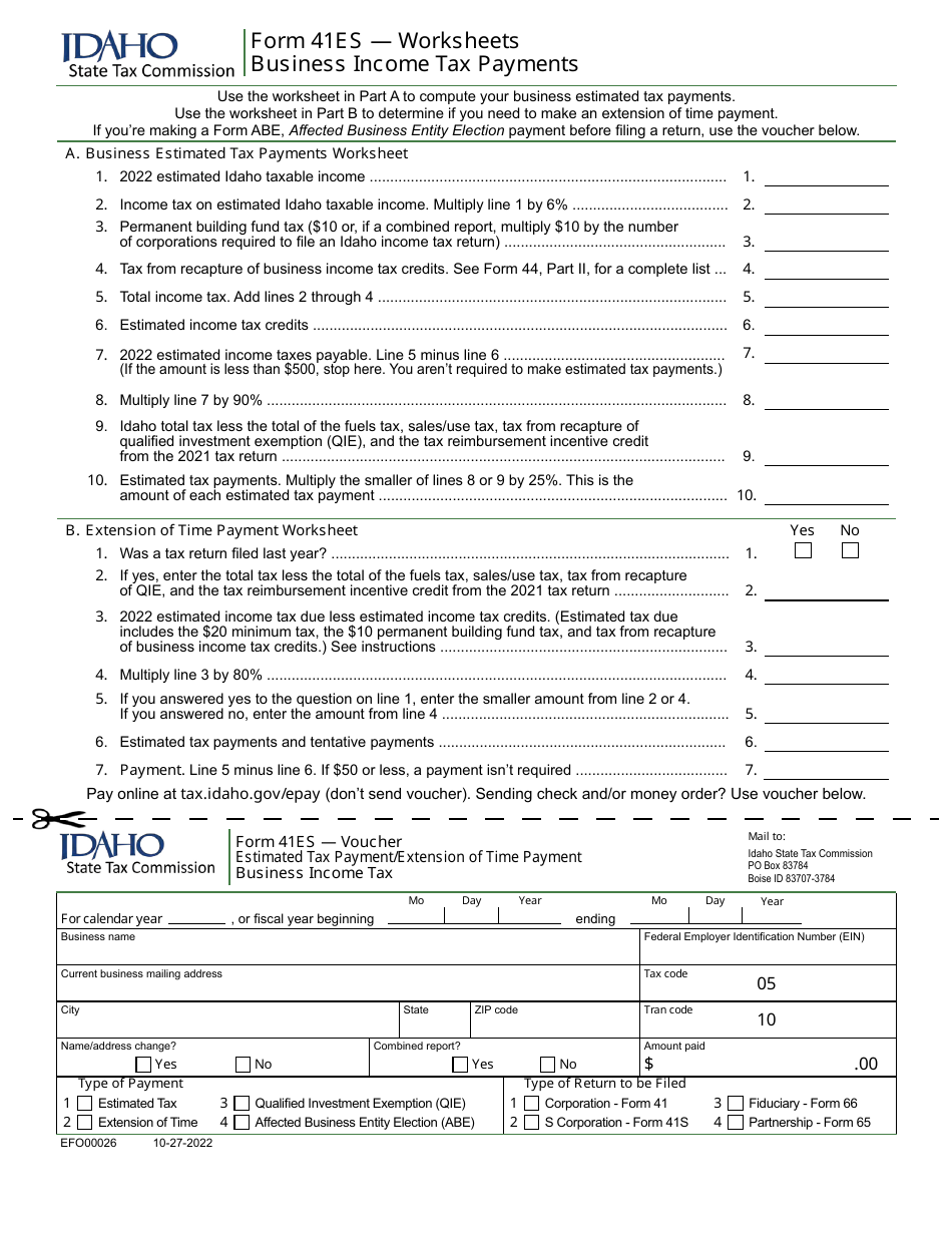 Form 41ES (EFO00026) Estimated Tax Payment / Extension of Time Payment Business Income Tax - Idaho, Page 1