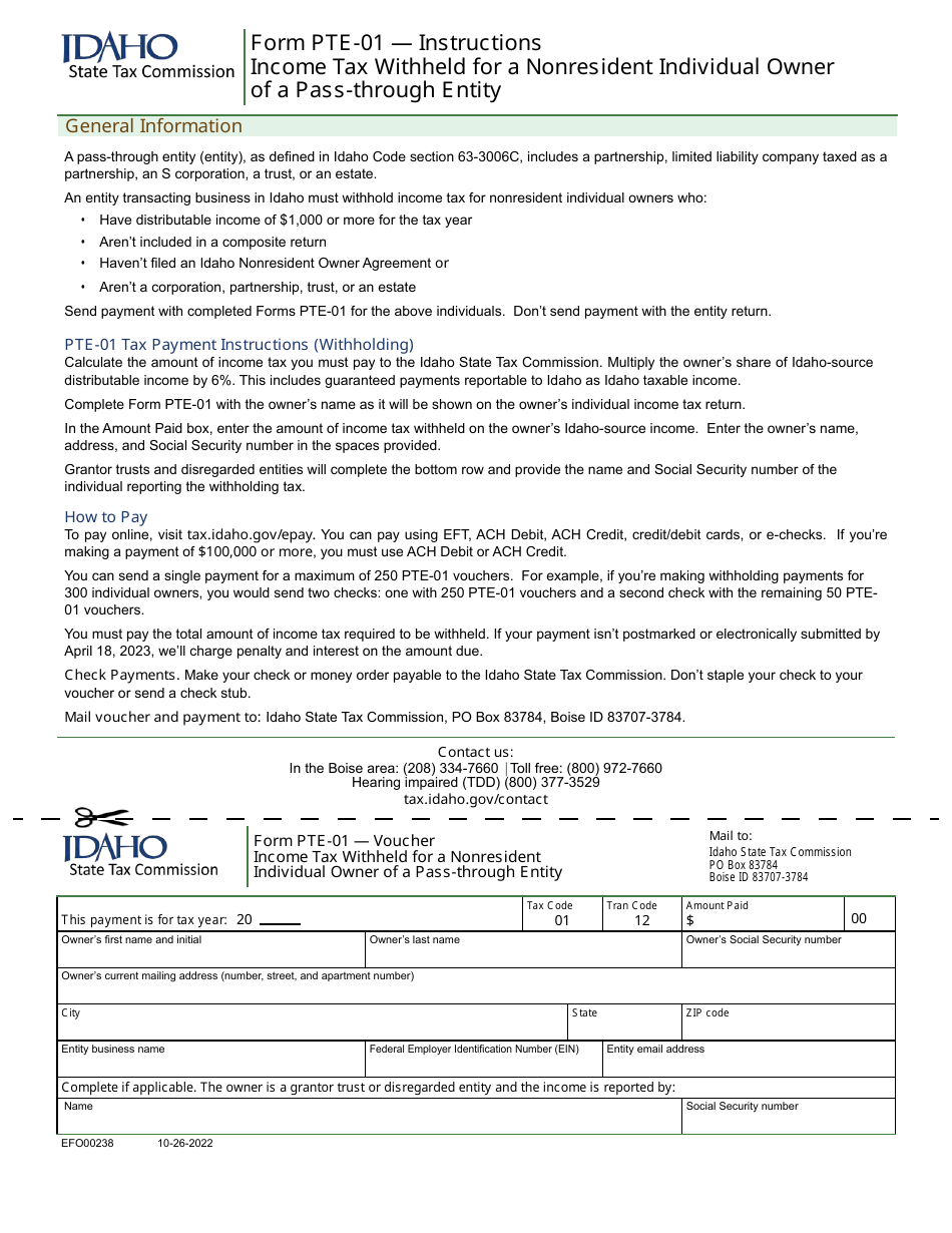 Form PTE-01 (EFO00238) Income Tax Withheld for a Nonresident Individual Owner of a Pass-Through Entity - Idaho, Page 1