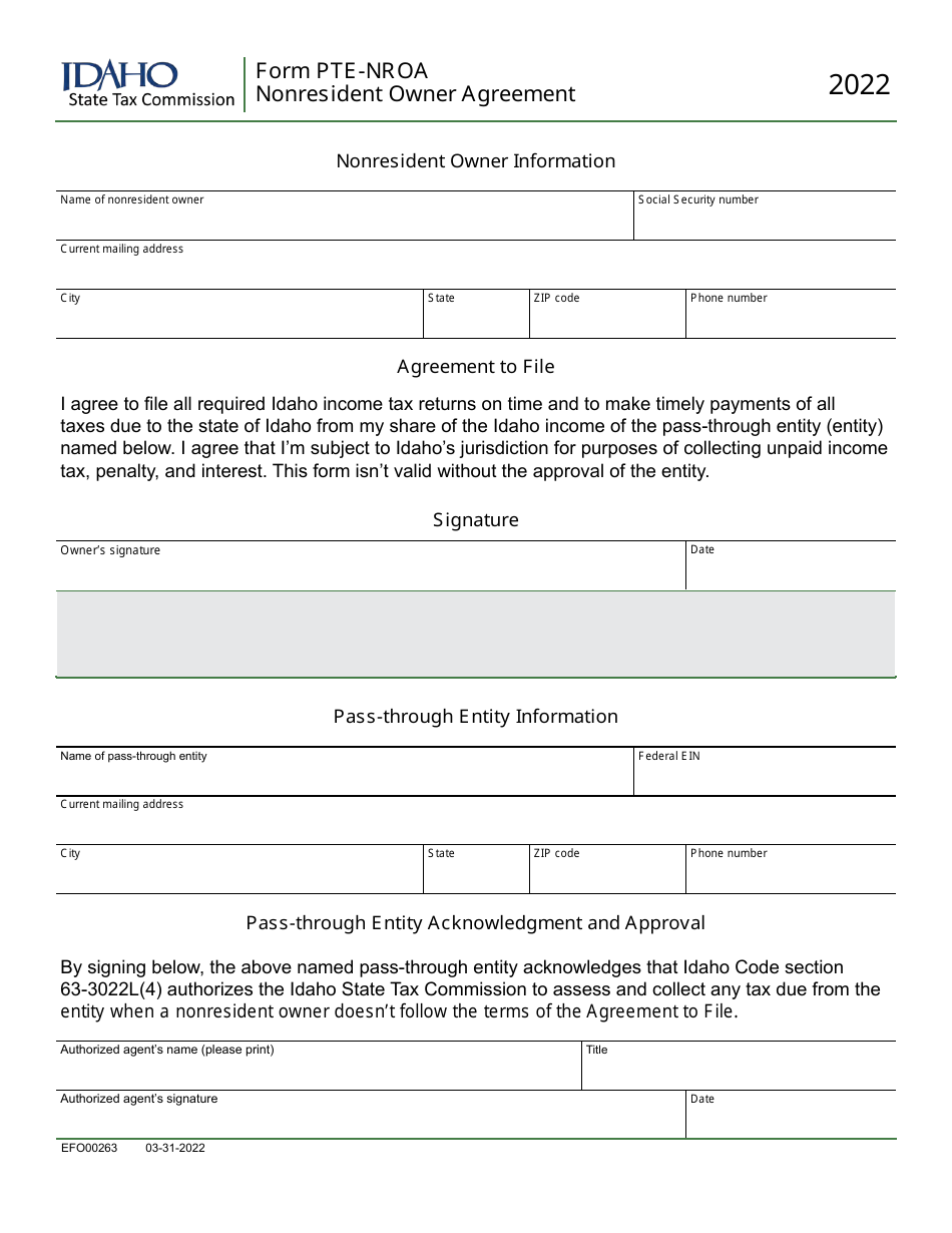 Form PTE-NROA (EFO00263) Nonresident Owner Agreement - Idaho, Page 1