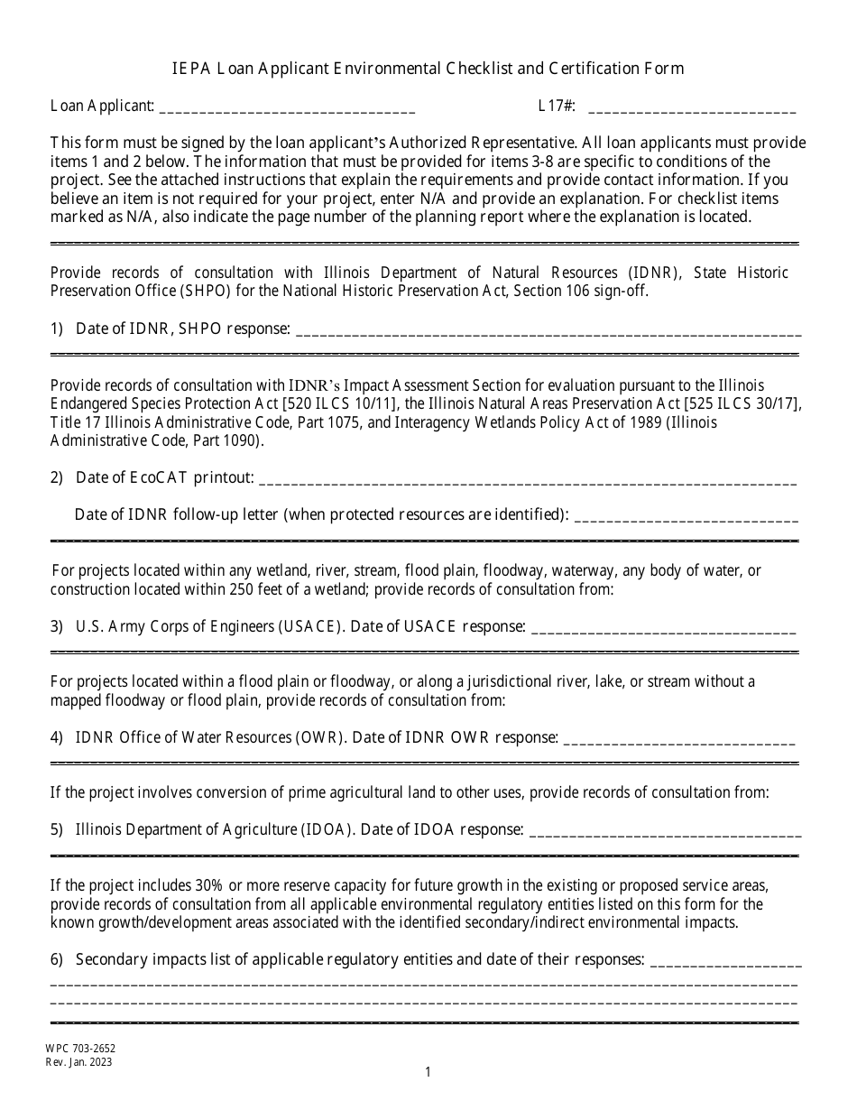Form WPC703-2652 Iepa Loan Applicant Environmental Checklist and Certification Form - Illinois, Page 1