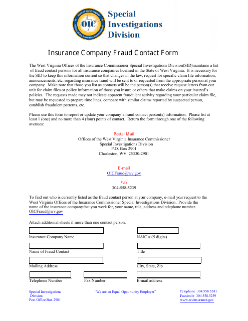 Insurance Company Fraud Contact Form - West Virginia Download Pdf
