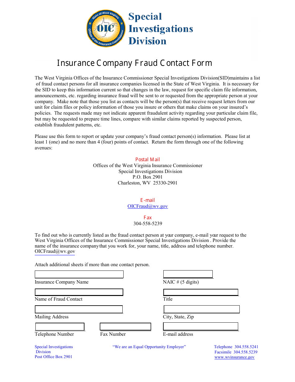 Insurance Company Fraud Contact Form - West Virginia, Page 1