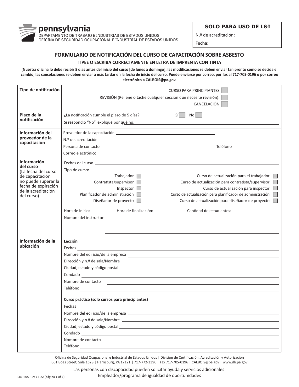 Formulario LIBI-605 Formulario De Notificacion Del Curso De Capacitacion Sobre Asbesto - Pennsylvania (Spanish), Page 1