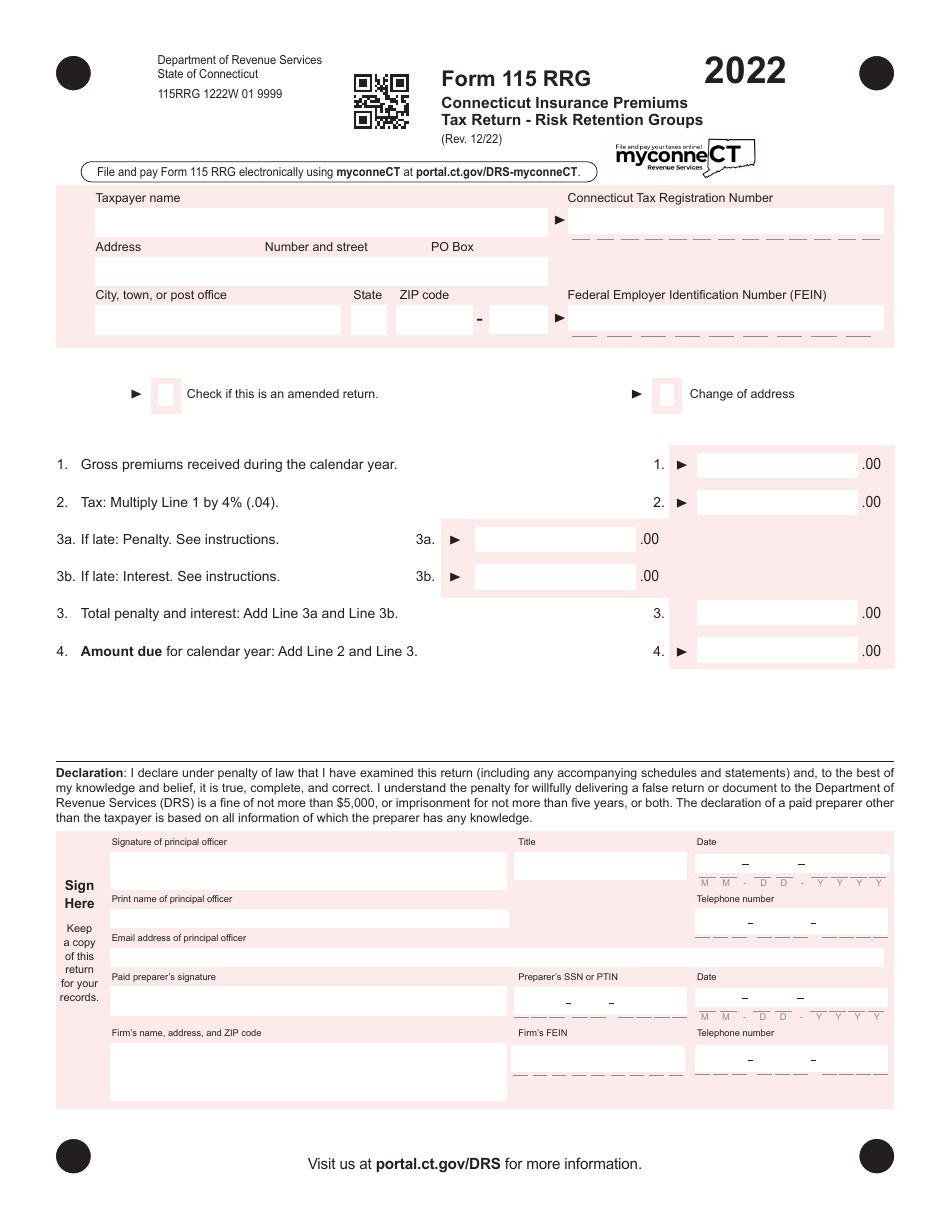 Form 15 RRG Connecticut Insurance Premiums Tax Return - Risk Retention Groups - Connecticut, Page 1