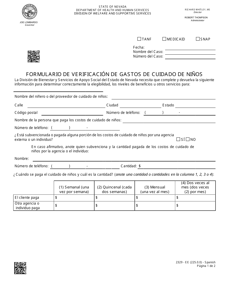 Formulario 2329-EES Formulario De Verificacion De Gastos De Cuidado De Ninos - Nevada (Spanish), Page 1