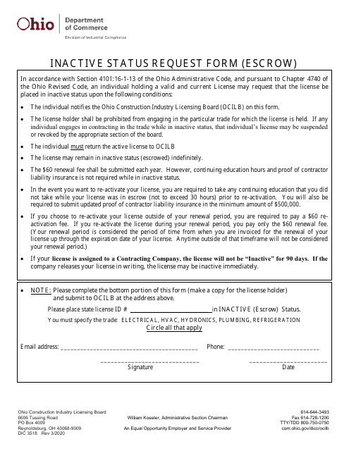 Form DIC3518 Inactive Status Request Form (Escrow) - Ohio