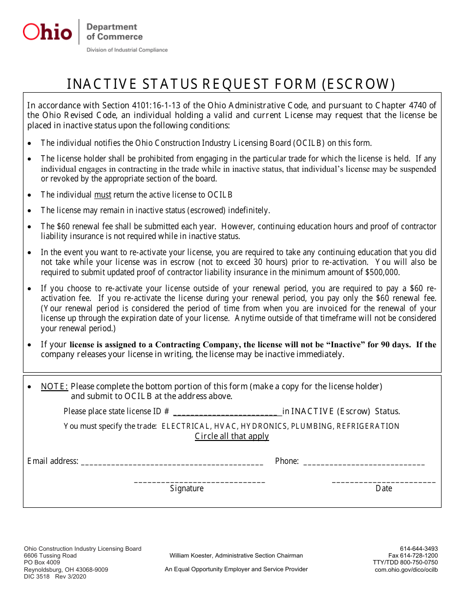 Form DIC3518 Inactive Status Request Form (Escrow) - Ohio, Page 1