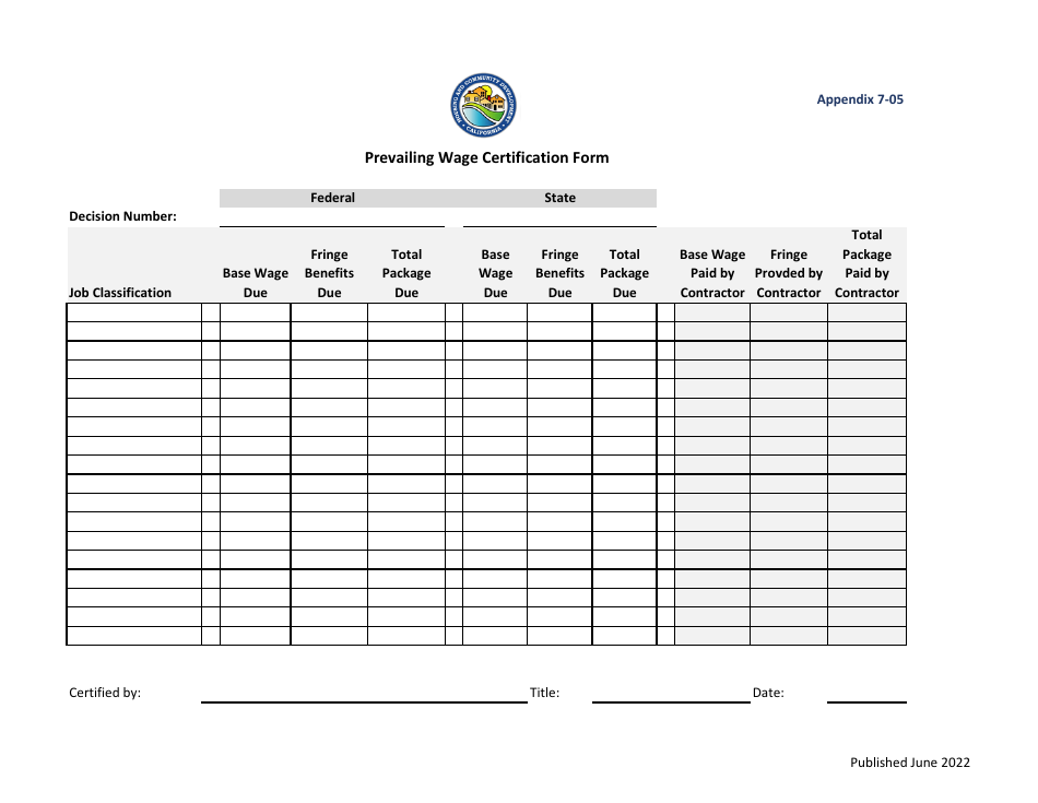 Appendix 7-05 Prevailing Wage Certification Form - California, Page 1